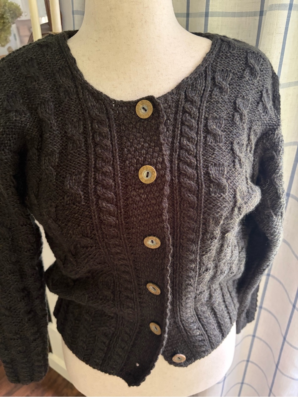 Green Blarney Woolen Mills Irish Merino Wool Button Front Fisherman Cardiga